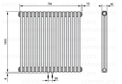 Схема (чертеж) Радиатор Zehnder Charleston 2180/16 №3470 Technoline TL
